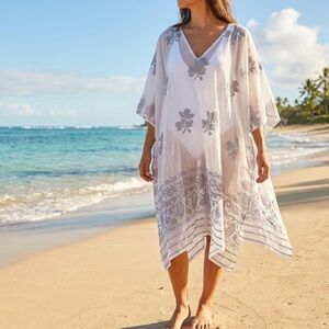Juliet Dunn White Grey Floral Sheer Kaftan Swim Cover Organic Cotton One Size